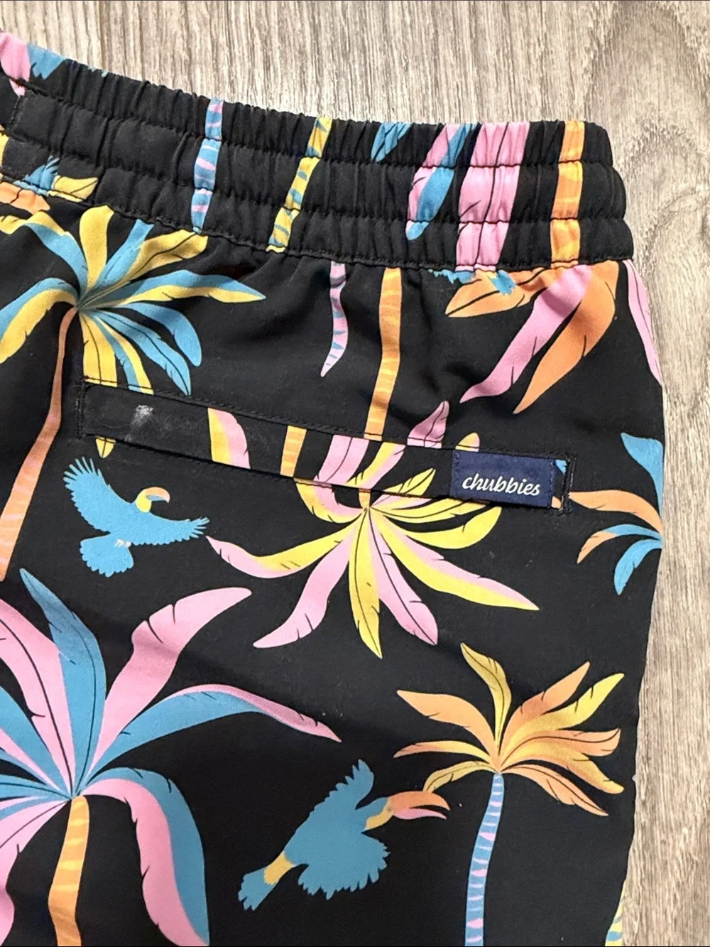 chubbies Black Tropical Palm Print Shorts with Pink, Blue & Yellow Accents